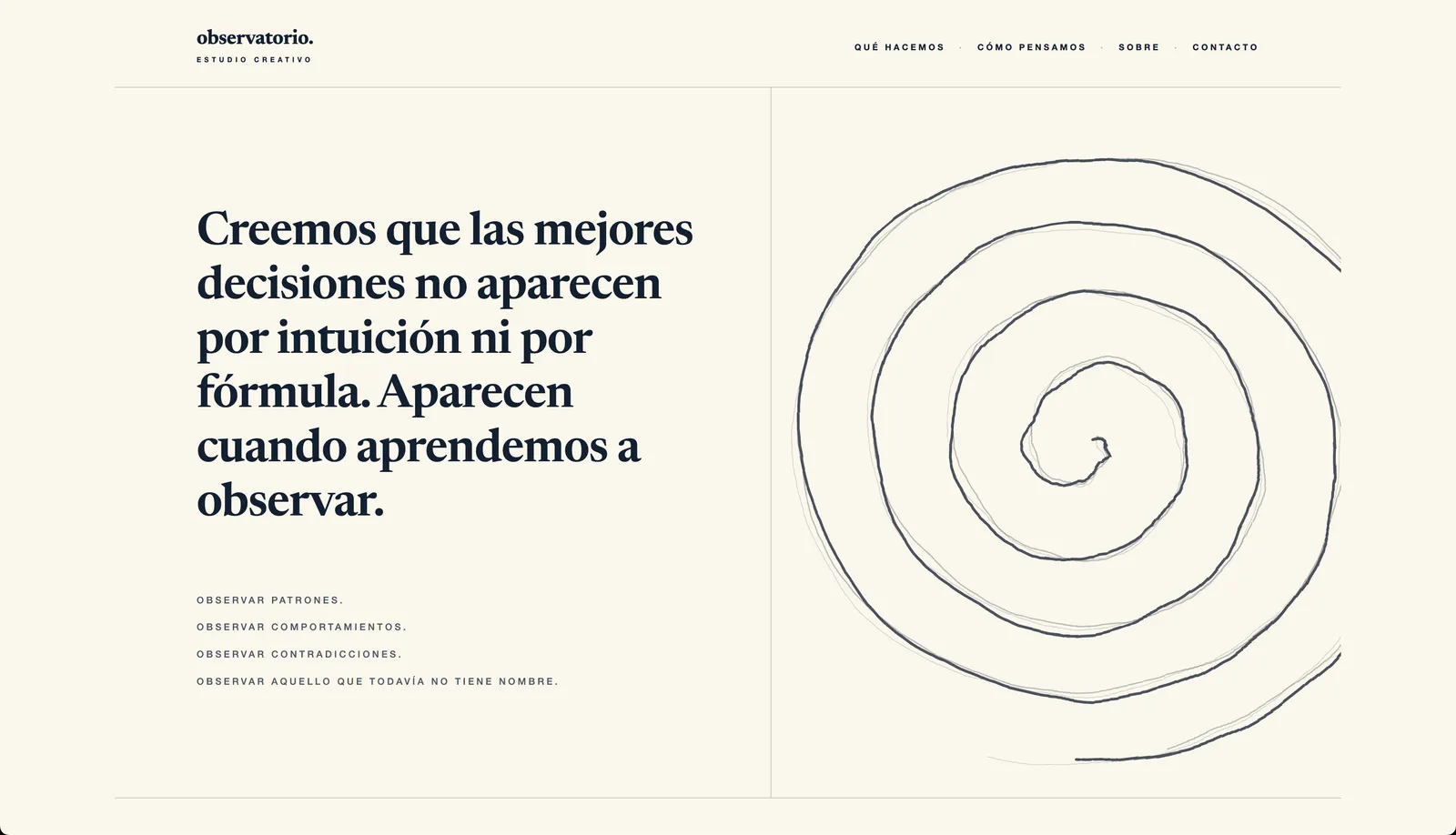 Home del sitio one-page editorial de Observatorio, estudio creativo