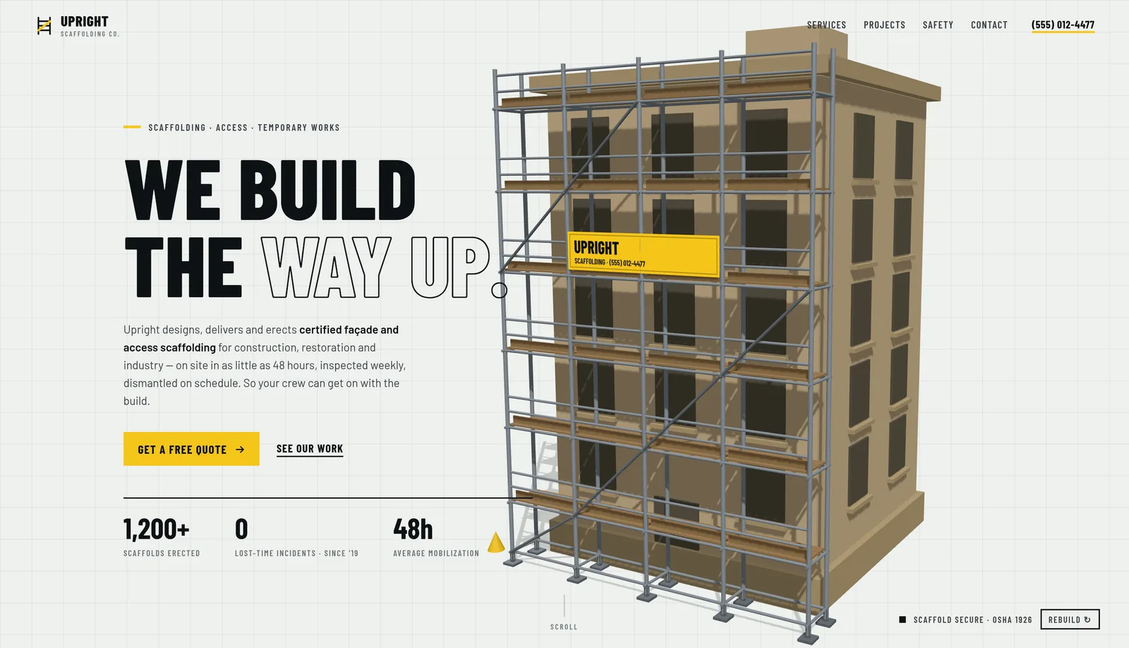 Hero del sitio de Upright Scaffolding con el edificio en 3D que se envuelve en andamios a medida que se arma